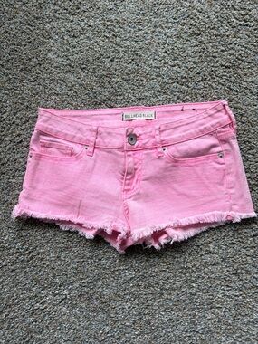 Bullhead Pink Frayed Hem Shortie Denim Shorts